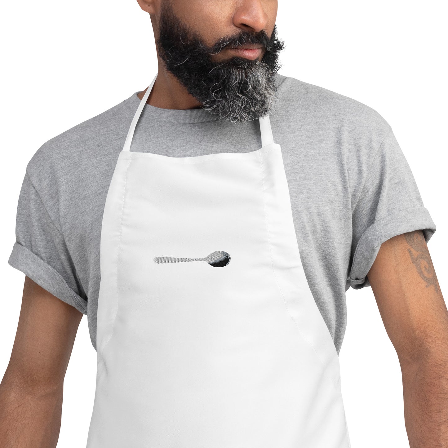 Blank Spoon Embroidered White Apron - Grey Spoon